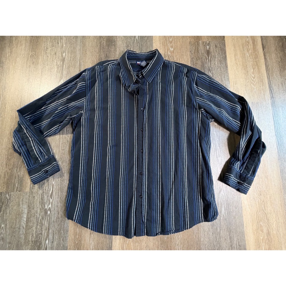 Most Button Down Shirt Mens XXL Black Blue White Striped Long Sleeve Cotton